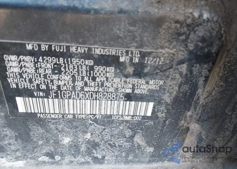 2013 Subaru Impreza 2.0I Premium z USA, uszkodzony, nr VIN JF1GPAD6XDH828875